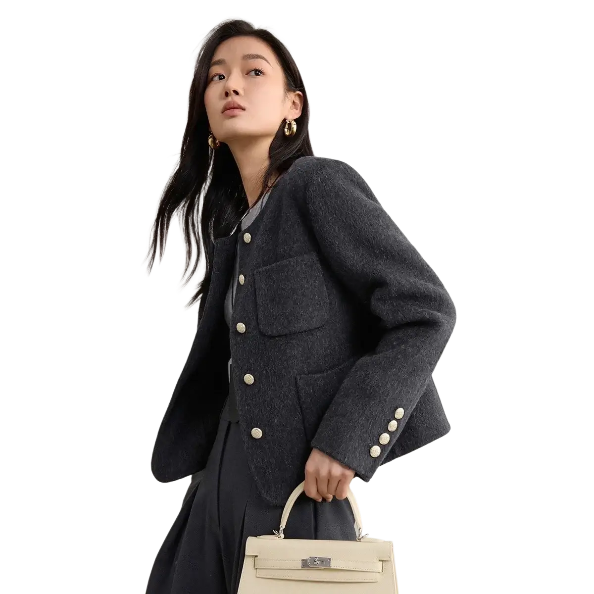 Dark gray textured tweed wool blend short overcoat with cream-colored buttons and a tailored fit for winter wear