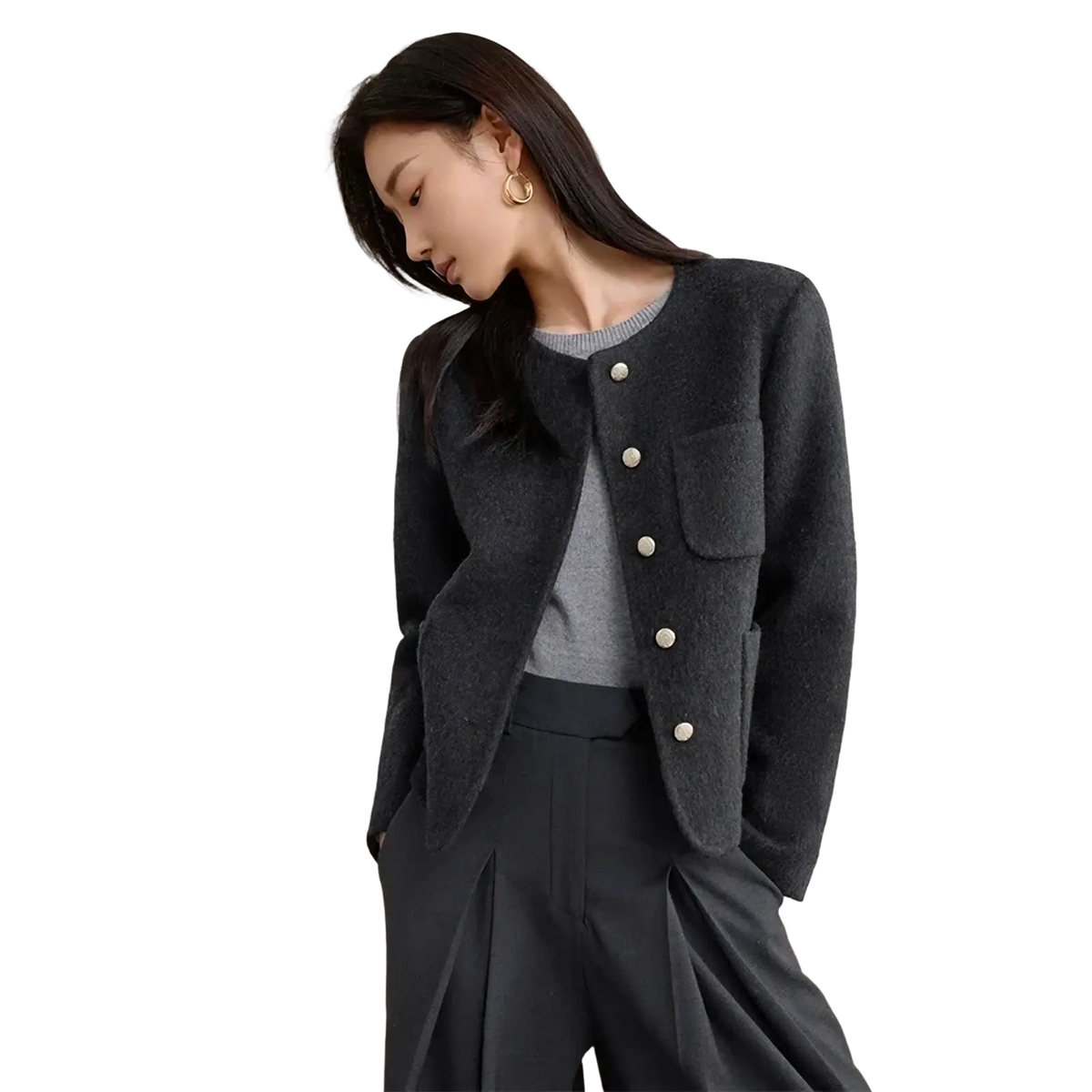 Dark gray wool blend short overcoat winter jacket with textured fabric cream-colored buttons and classic button-up front