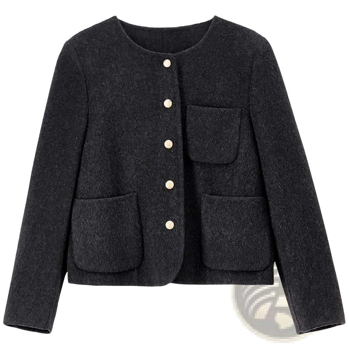 Dark gray textured wool blend short overcoat with cream-colored buttons and two front pockets for winter wear