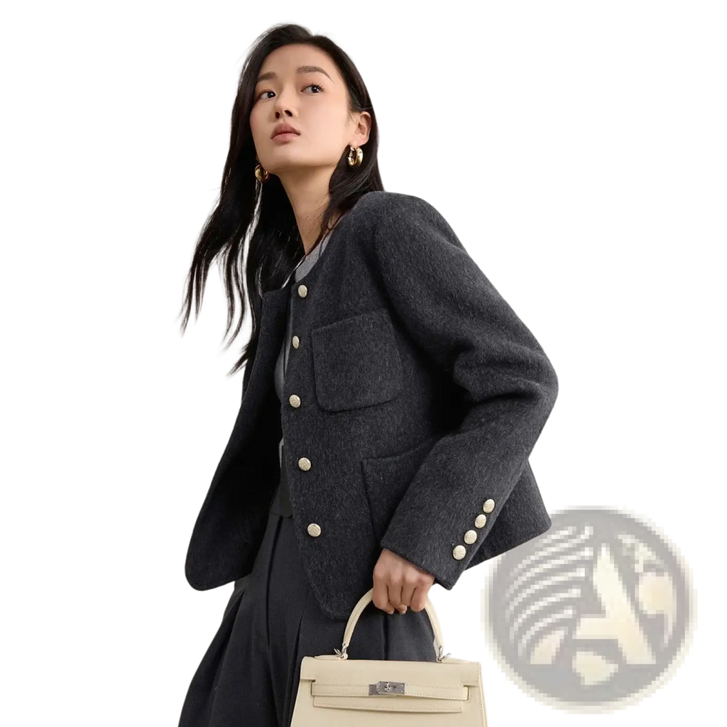 Dark gray textured tweed wool blend short overcoat with cream-colored buttons and a tailored fit for winter wear
