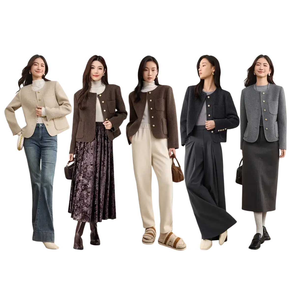 Five women model tailored wool blend short overcoats in neutral tones with button closures and structured shoulders