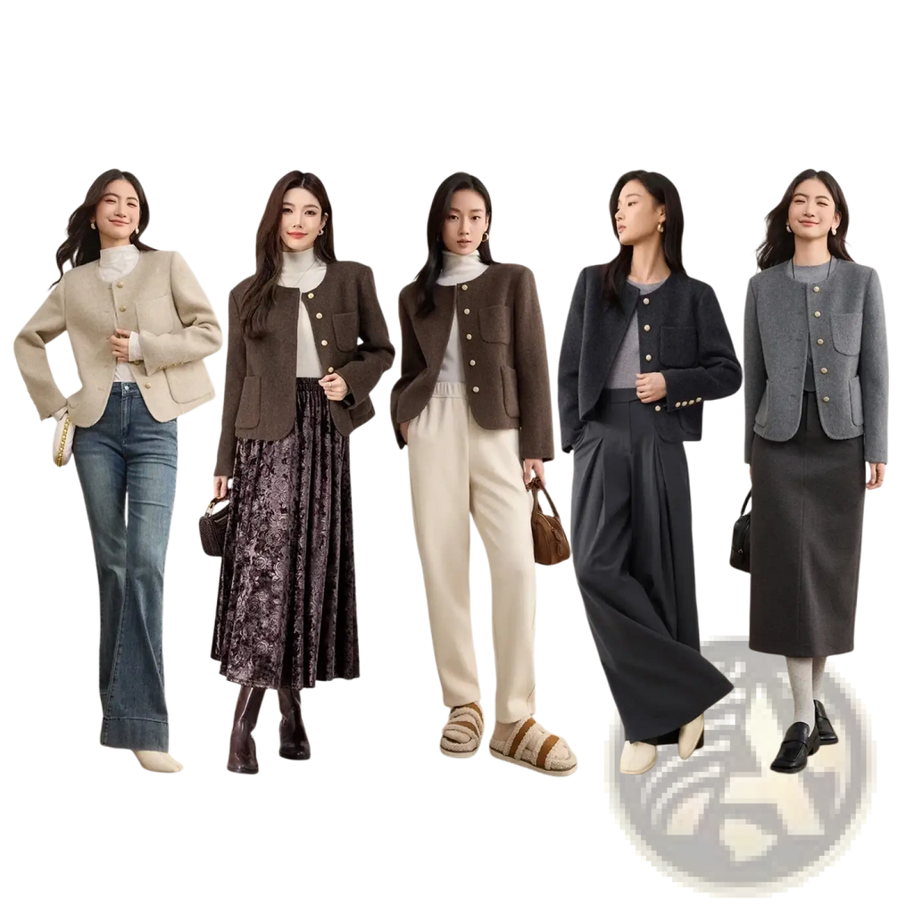 Five women model tailored wool blend short overcoats in neutral tones with button closures and structured shoulders