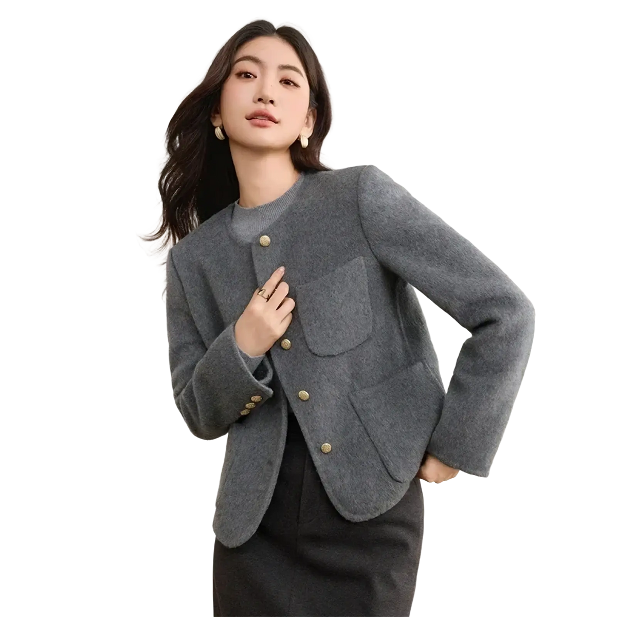 Gray wool blend short overcoat winter jacket by sentubila with gold tone buttons and front pockets in a tailored fit