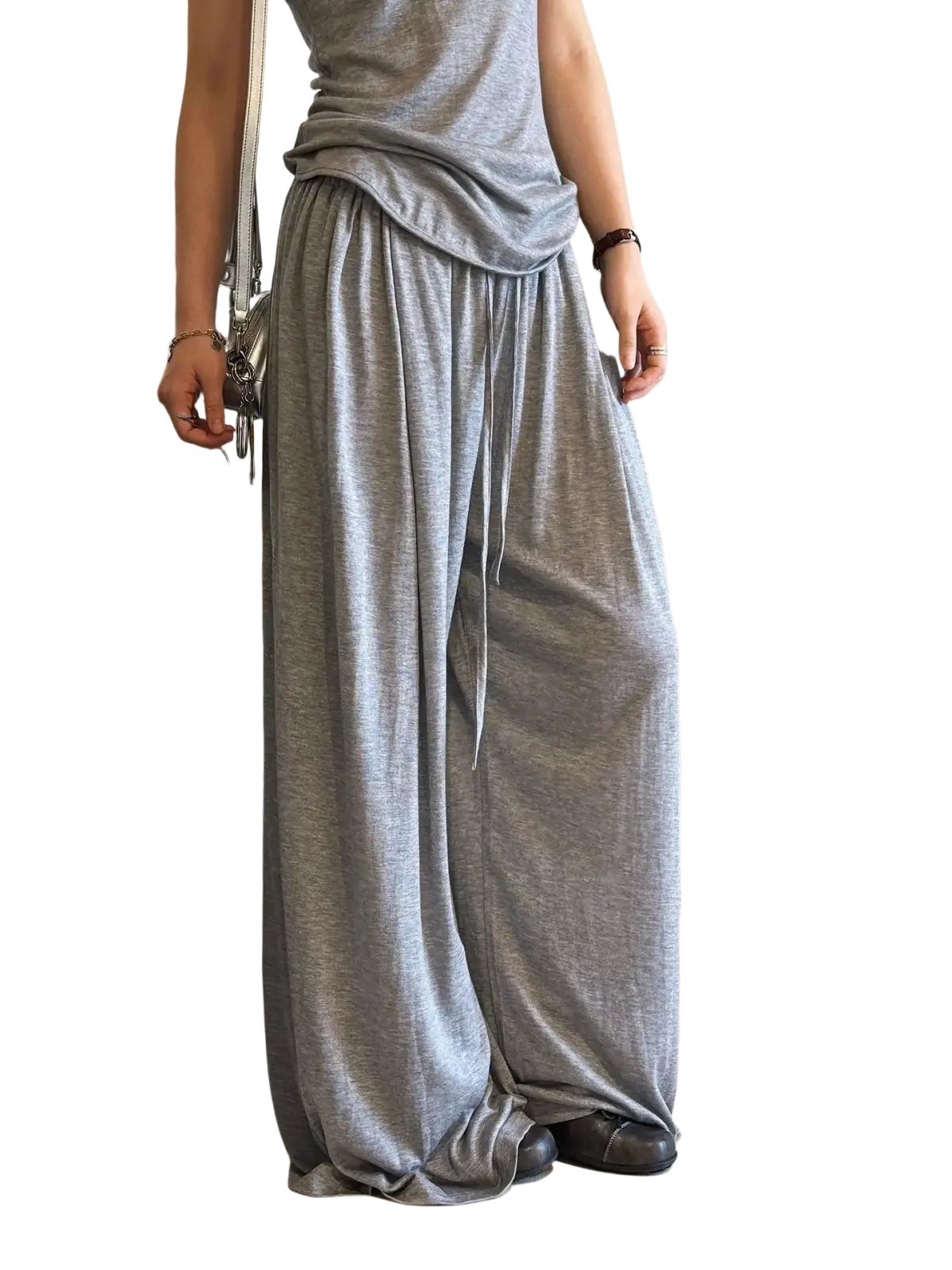 Gray wool blend wide leg pants with a drawstring waist and loose fit for comfortable wear