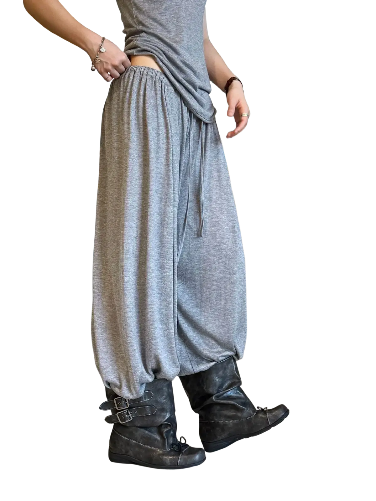 Gray wool blend wide leg pants with loose fit drawstring waist and elastic cuffs shown from the front side