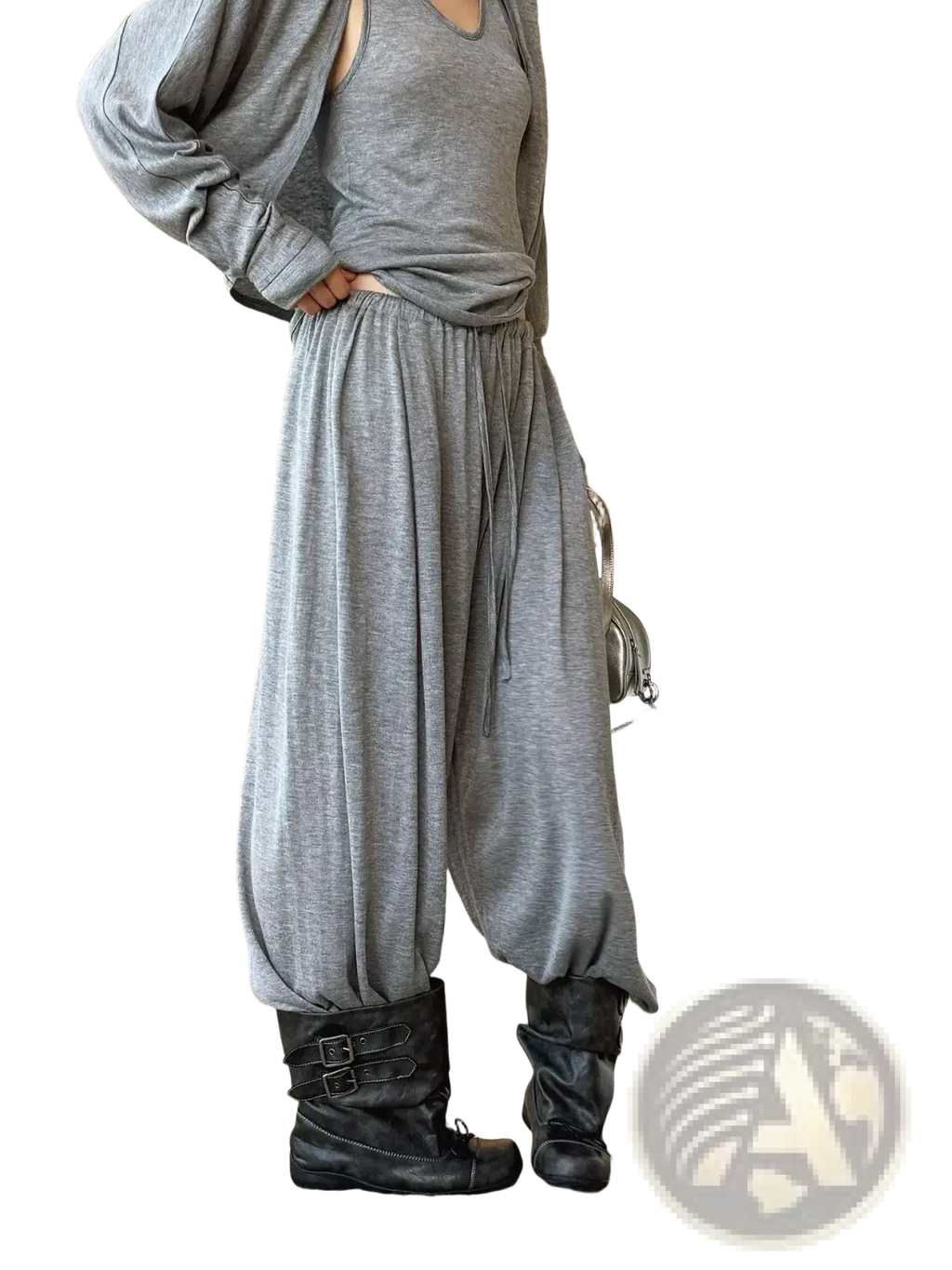 Gray wool blend wide leg harem pants featuring a drawstring waist for comfortable casual wear
