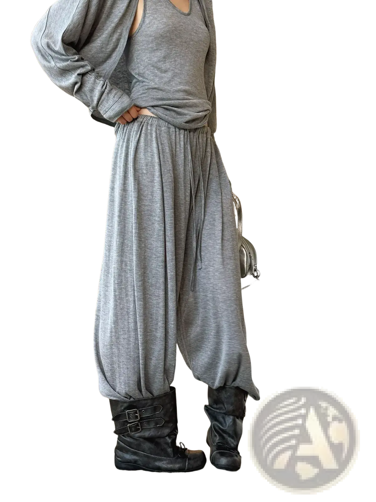 Gray wool blend wide leg harem pants featuring a drawstring waist for comfortable casual wear