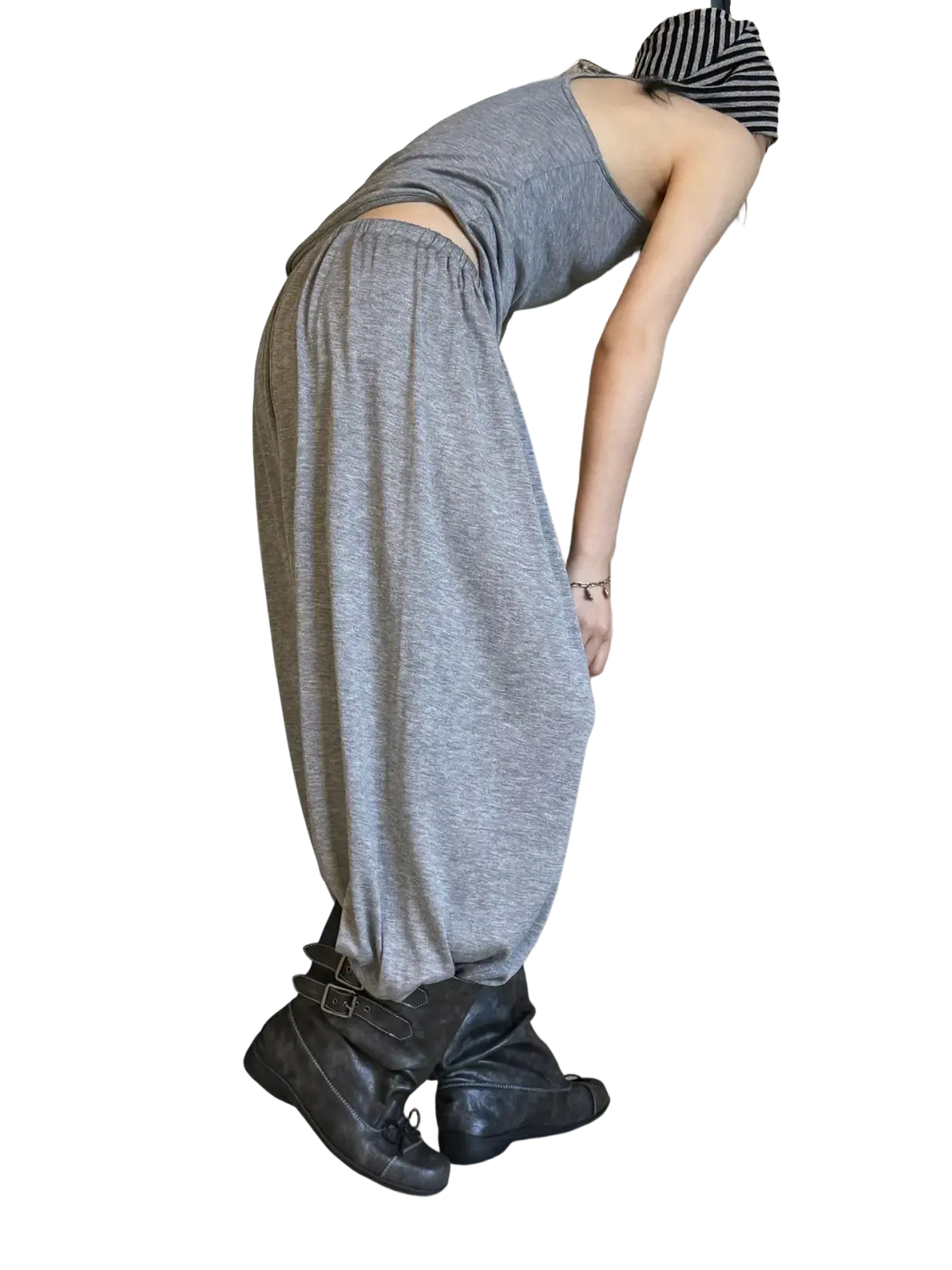 Gray heathered wool blend wide leg pants with elastic waistband and cuffed ankles for comfortable wear