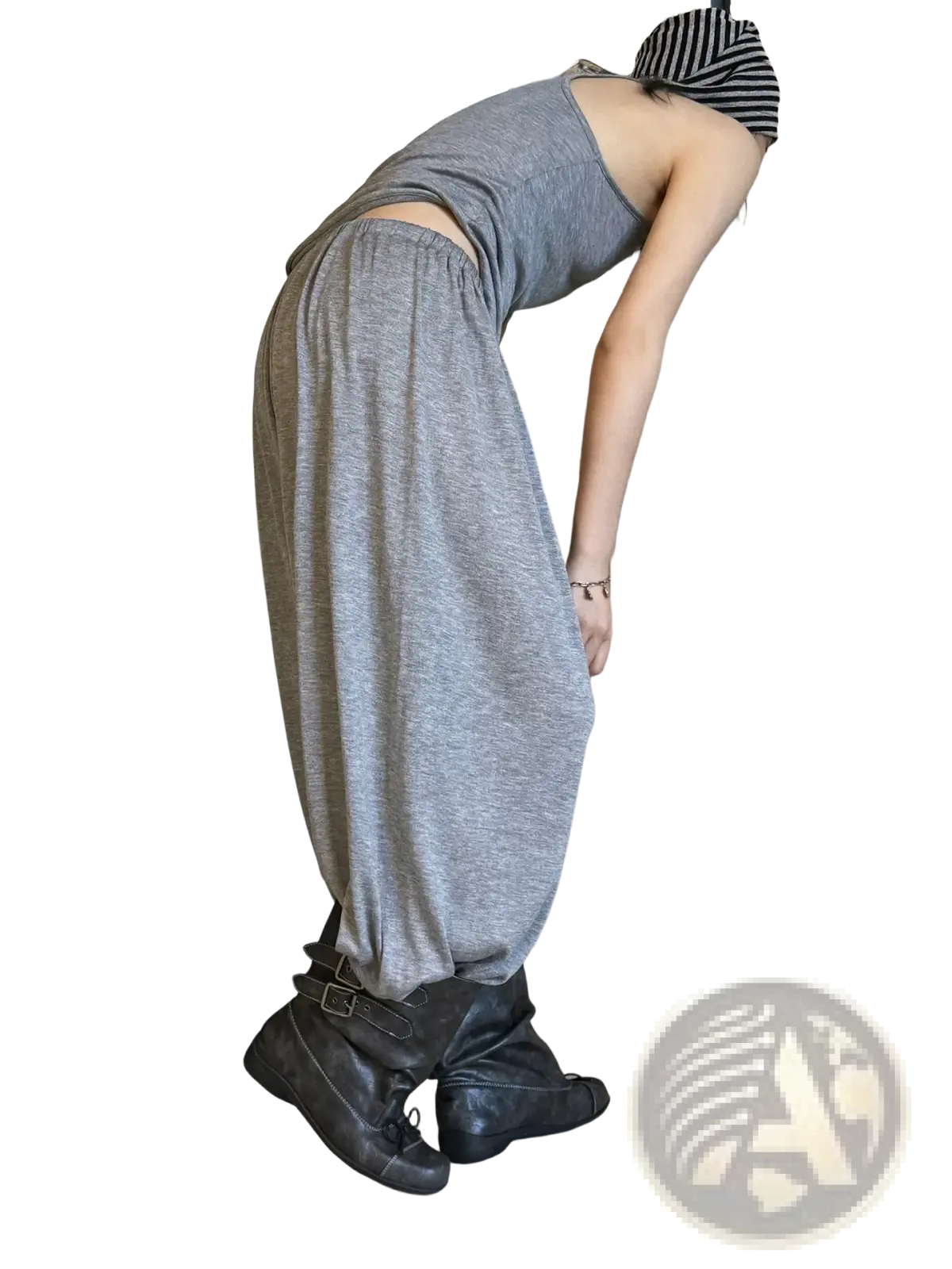 Gray heathered wool blend wide leg pants with elastic waistband and cuffed ankles for comfortable wear