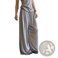 Loose-fitting gray wool blend wide leg pants with a soft flowing fabric texture and drawstring waist