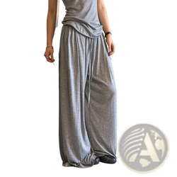 Loose-fitting gray wool blend wide leg pants with a soft flowing fabric texture and drawstring waist