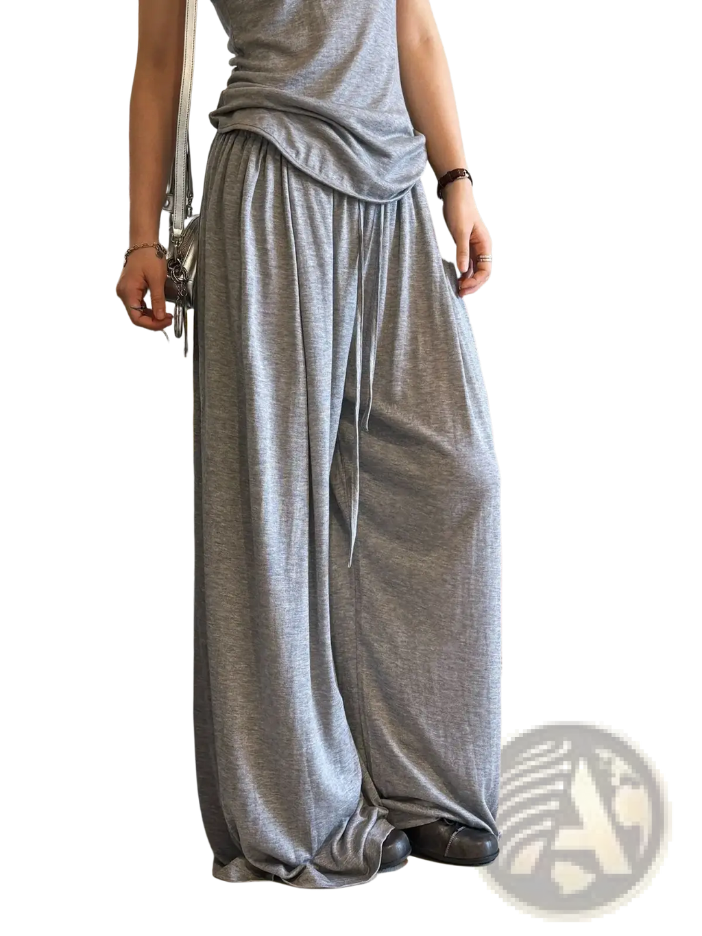 Gray wool blend wide leg pants with a drawstring waist and loose fit for comfortable wear