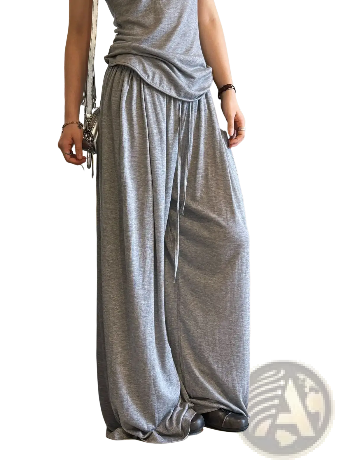 Gray wool blend wide leg pants with a drawstring waist and loose fit for comfortable wear