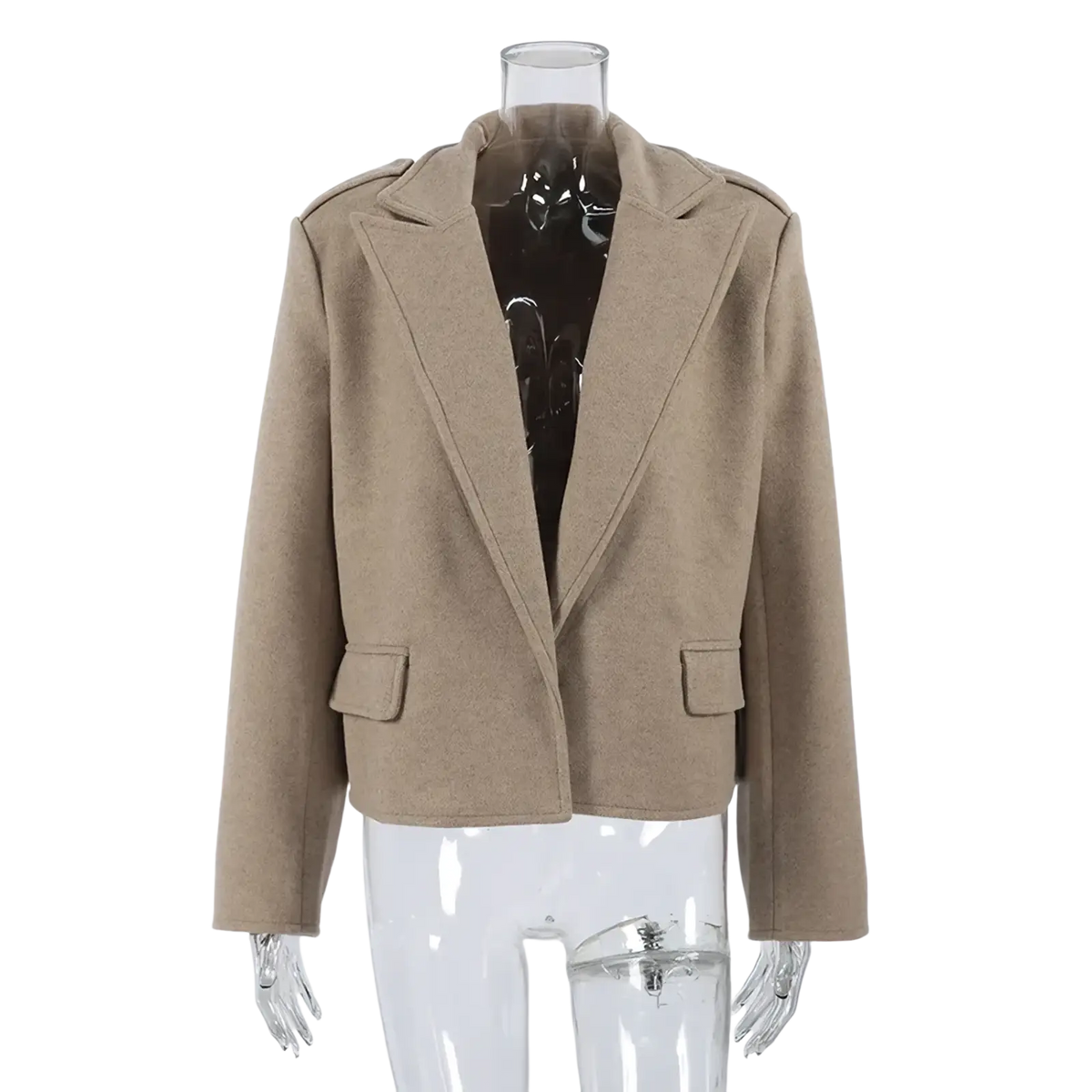 Beige wool blend winter coat with notched lapels and flap pockets in a wool blazer style