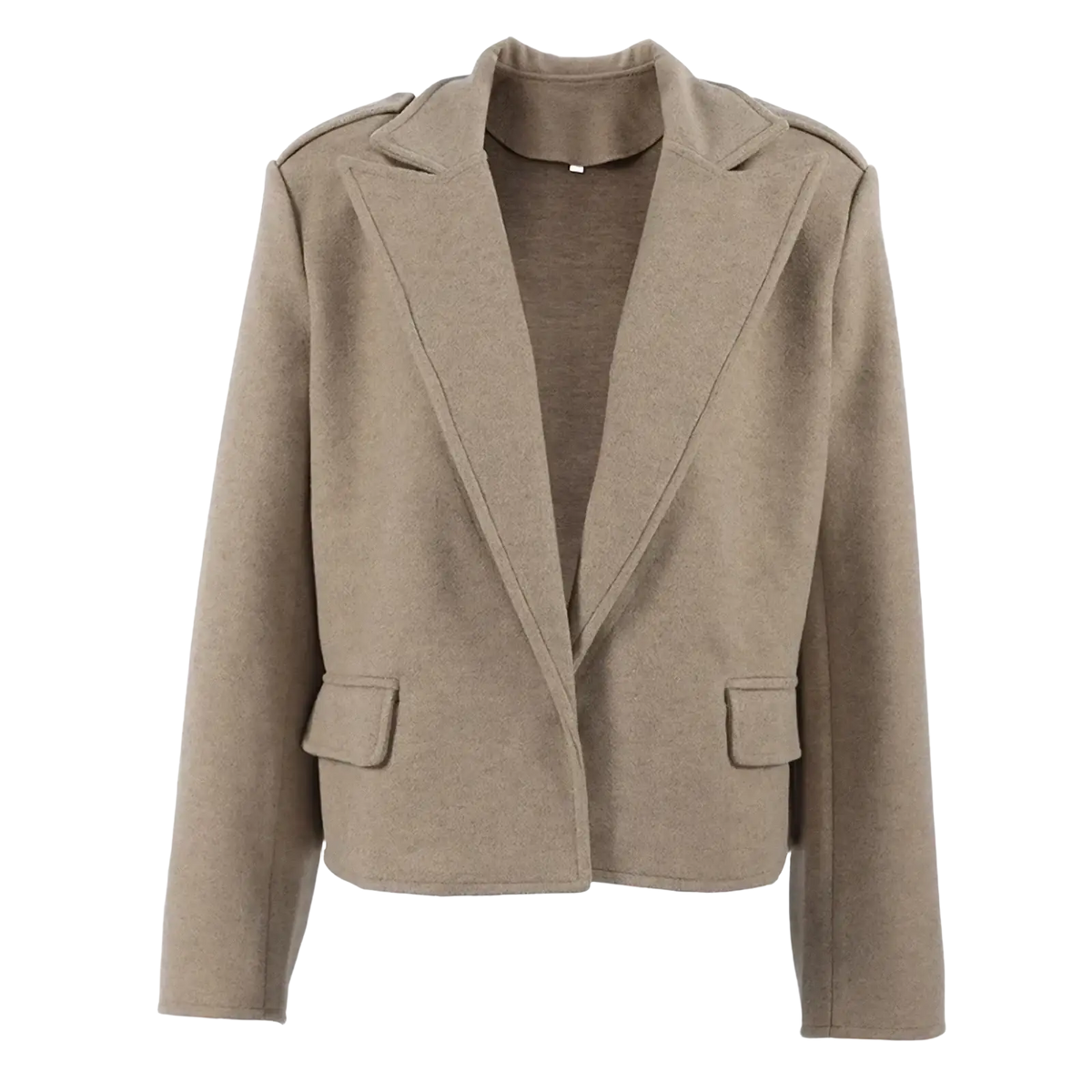 Beige wool blend winter coat blazer with notched lapels and flap pockets for cold weather wear