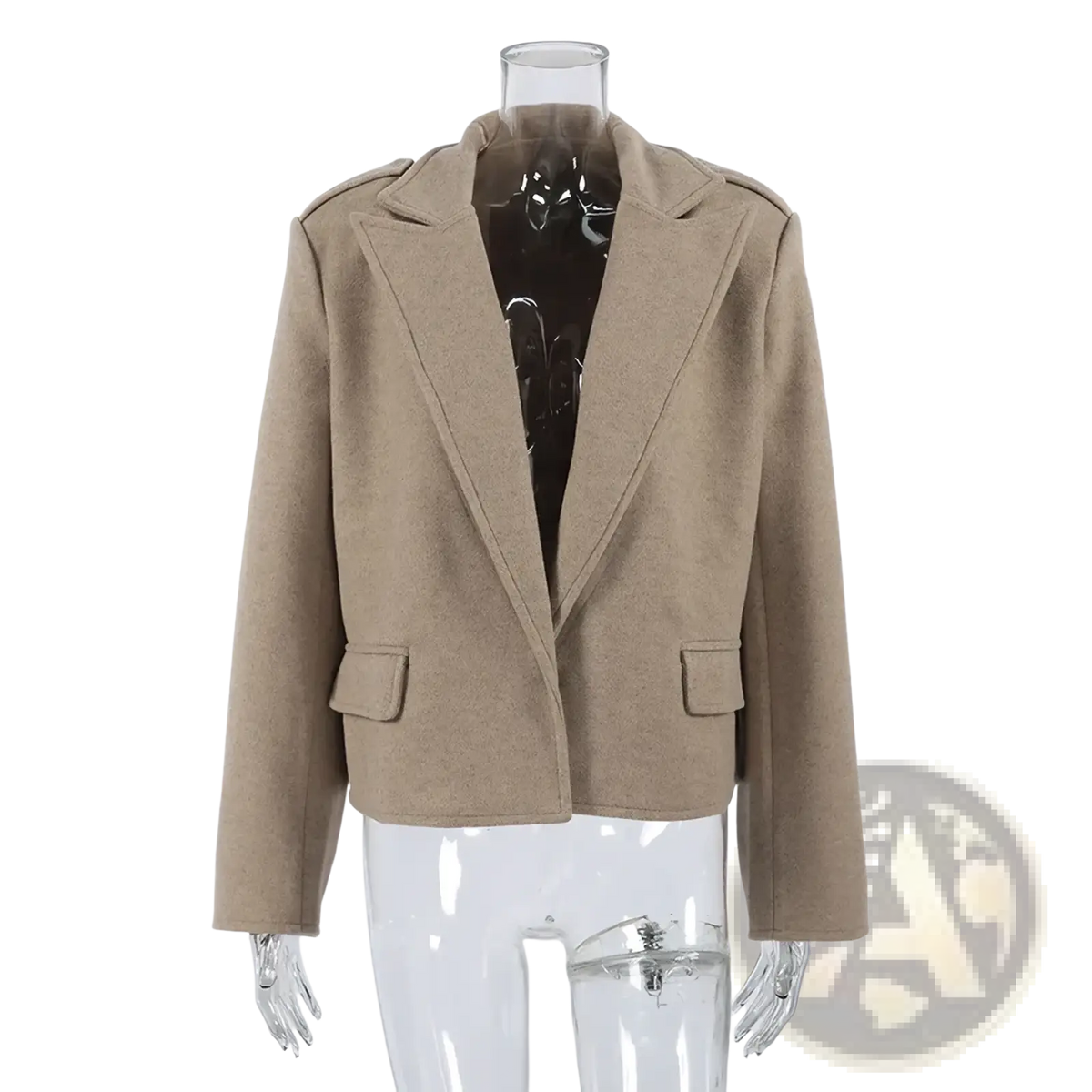 Beige wool blend winter coat with notched lapels and flap pockets in a wool blazer style