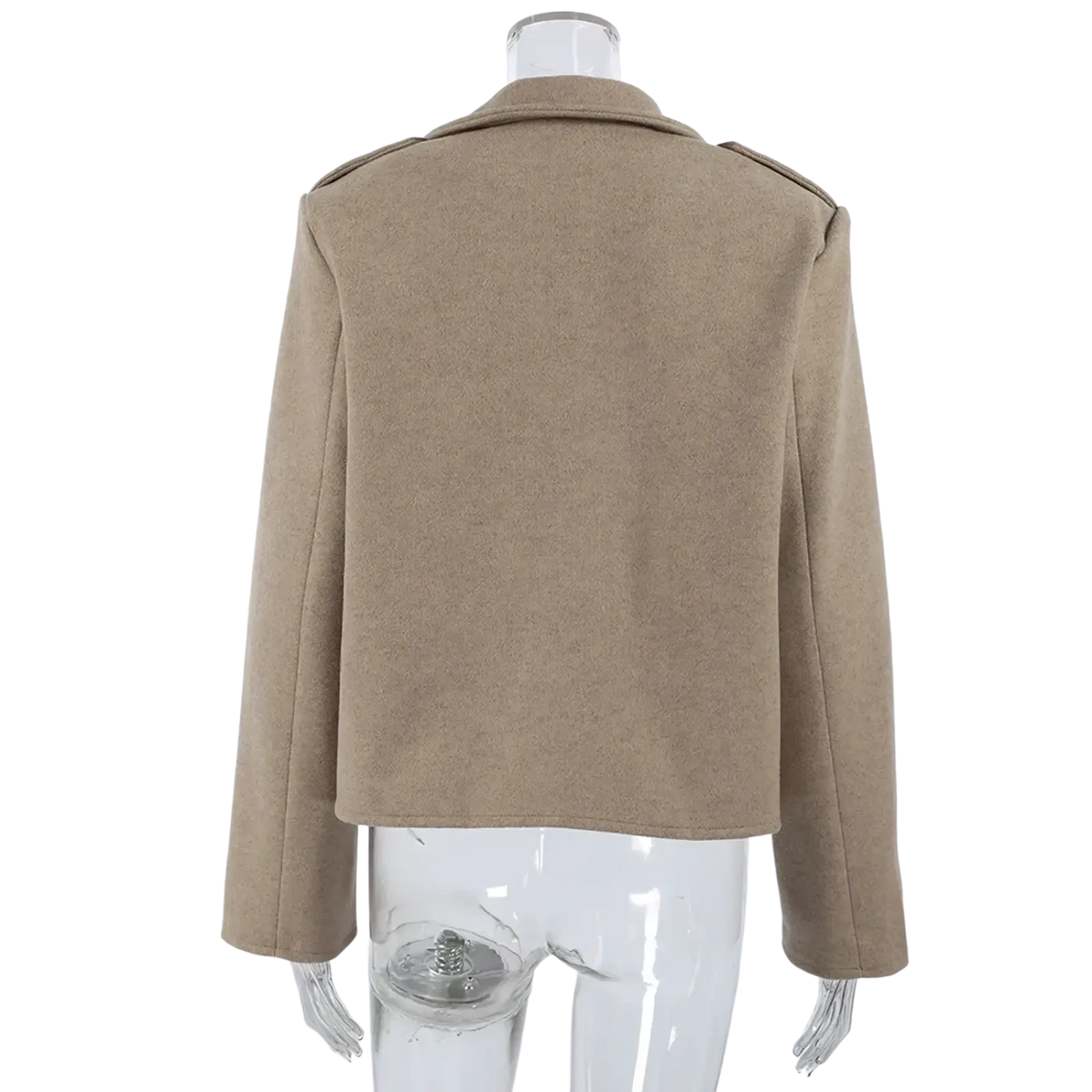 Beige wool blend winter coat with structured shoulders and classic collar in a cropped jacket design