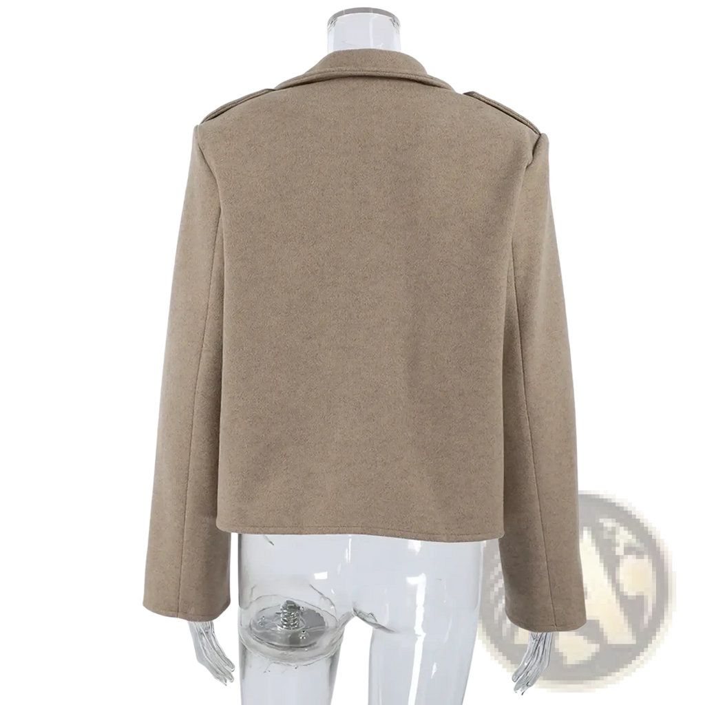 Beige wool blend winter coat with structured shoulders and classic collar in a cropped jacket design