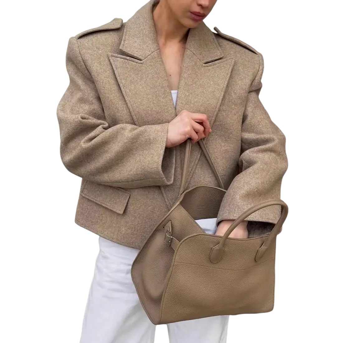 Beige wool blend winter coat with textured fabric structured shoulders and flap pockets for cold weather use