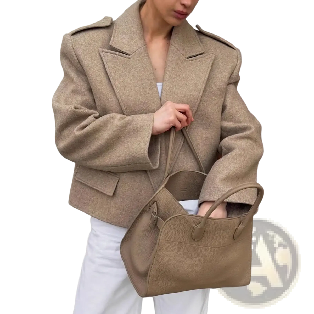 Beige wool blend winter coat with textured fabric structured shoulders and flap pockets for cold weather use