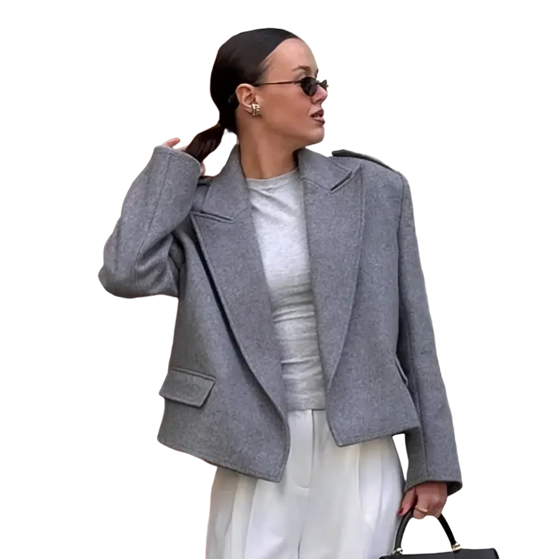 Gray wool blend winter coat with structured shoulders and flap pockets for cold weather wear