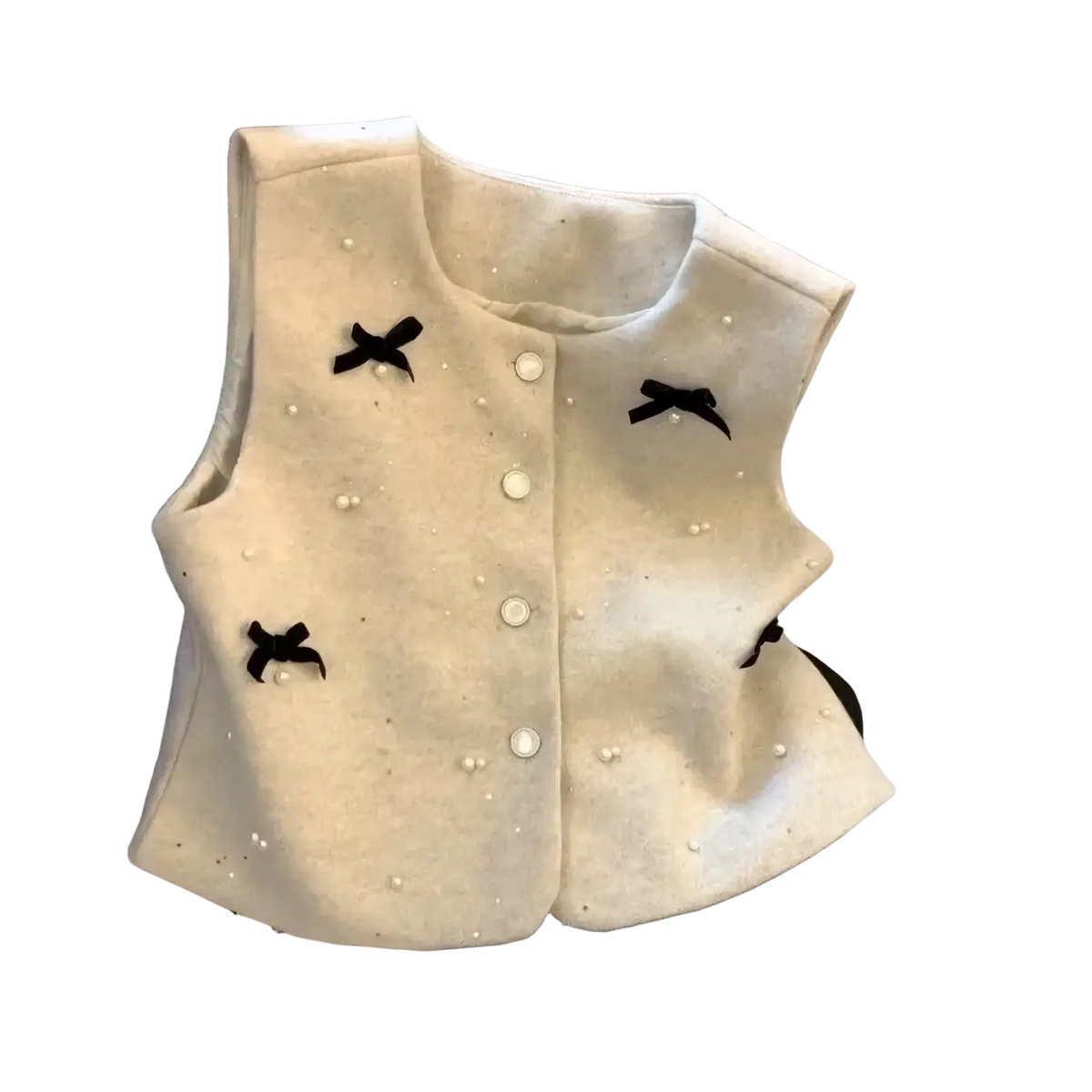 Cream-colored wool bow vest with black satin bows and pearl button embellishments for outerwear use