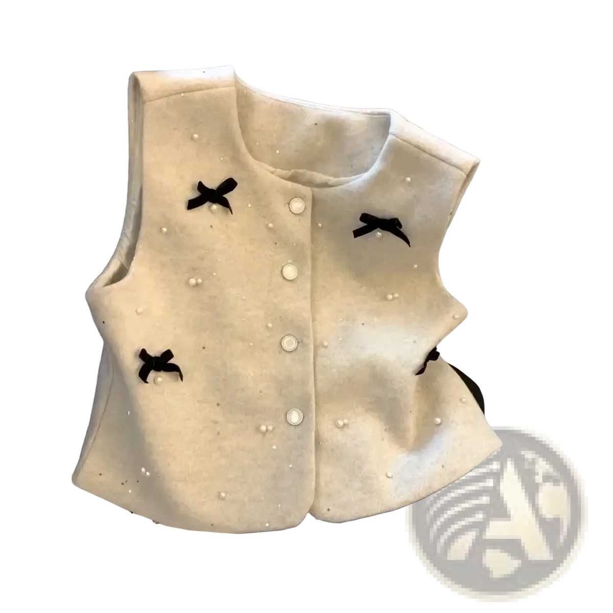Cream-colored wool bow vest with black satin bows and pearl button embellishments for outerwear use