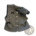 Gray tweed wool bow vest outerwear adorned with scattered white pearls and black velvet bows for elegant layering