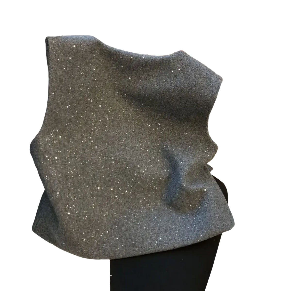 Wool bow vest pearl button outerwear featuring a shimmering gray sequined sleeveless top with soft textured fabric