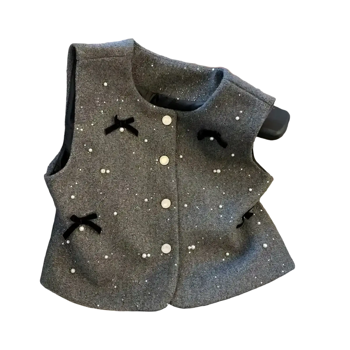 Gray tweed wool bow vest outerwear adorned with scattered white pearls and black velvet bows for elegant layering