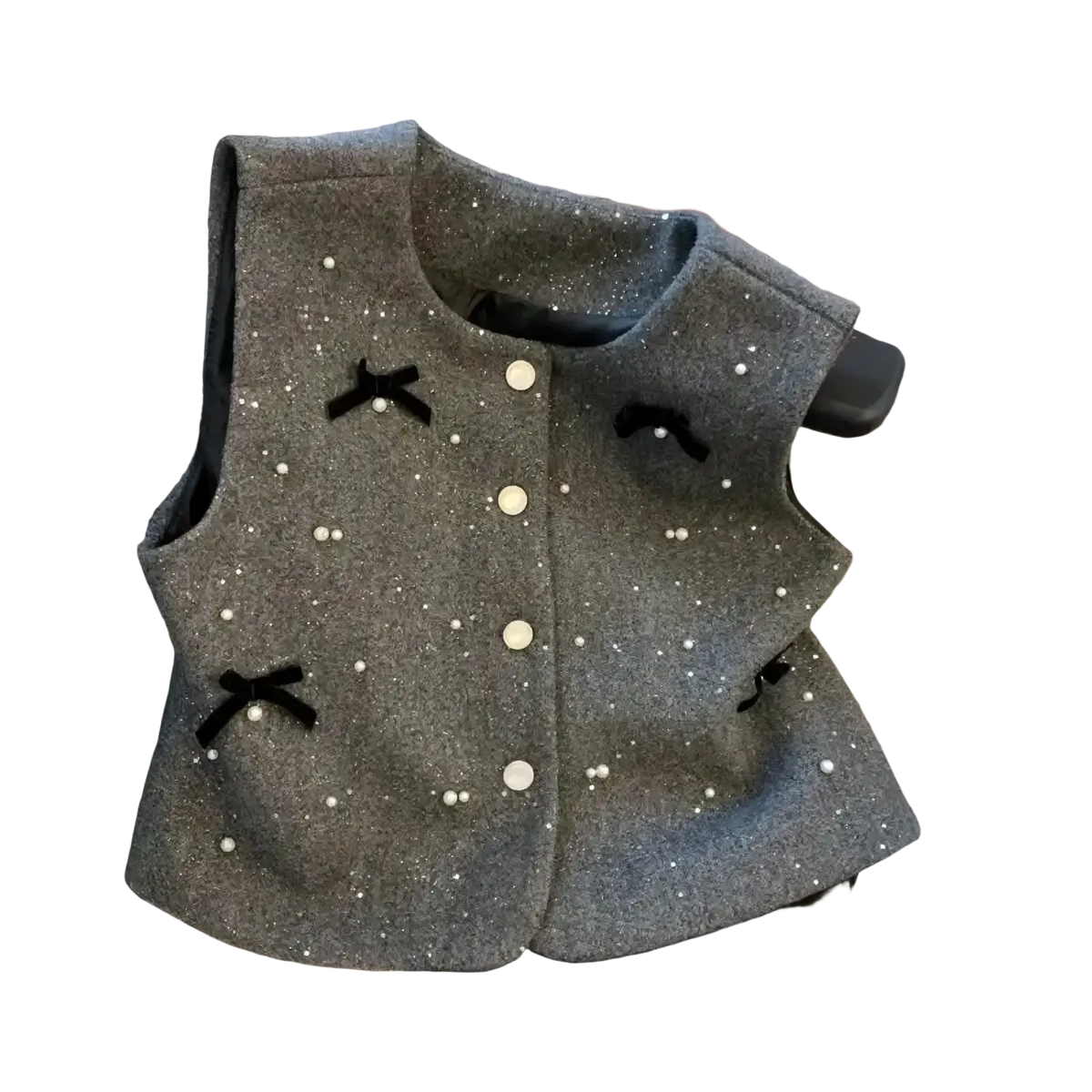 Gray tweed wool bow vest adorned with black velvet bows and scattered white pearl buttons outerwear