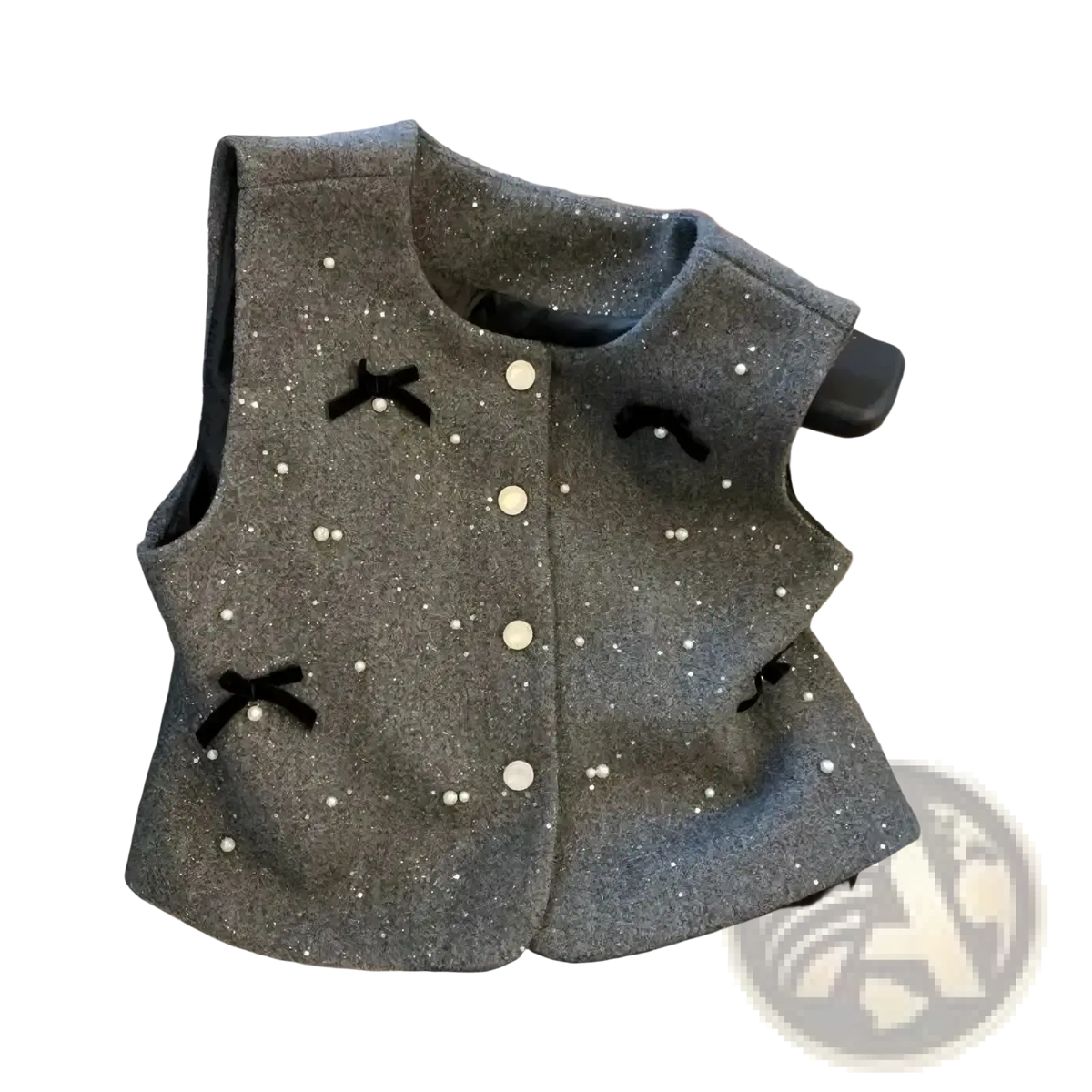 Gray tweed wool bow vest adorned with black velvet bows and scattered white pearl buttons outerwear
