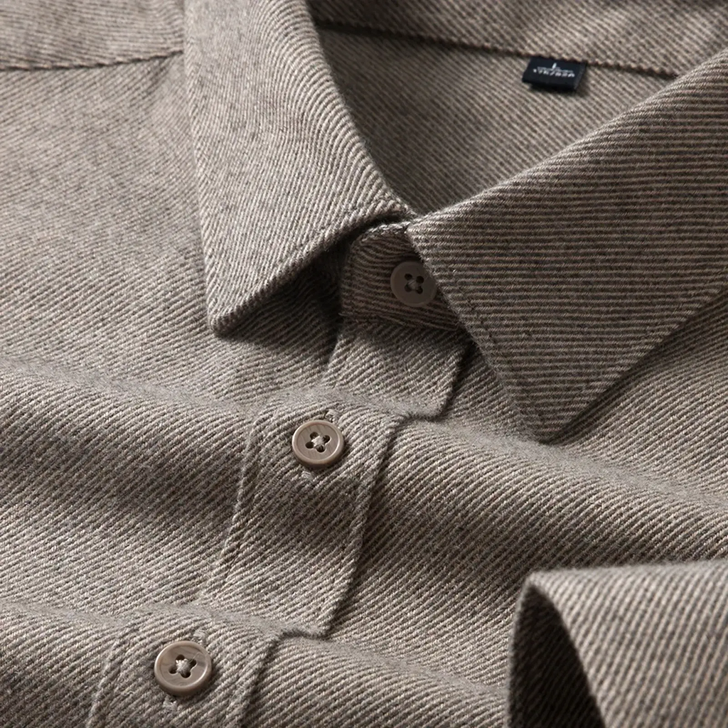 Wool business casual shirt for men in heather gray with textured diagonal weave and matching beige buttons
