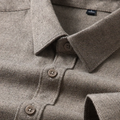 Wool business casual shirt for men in heather gray with textured diagonal weave and matching beige buttons