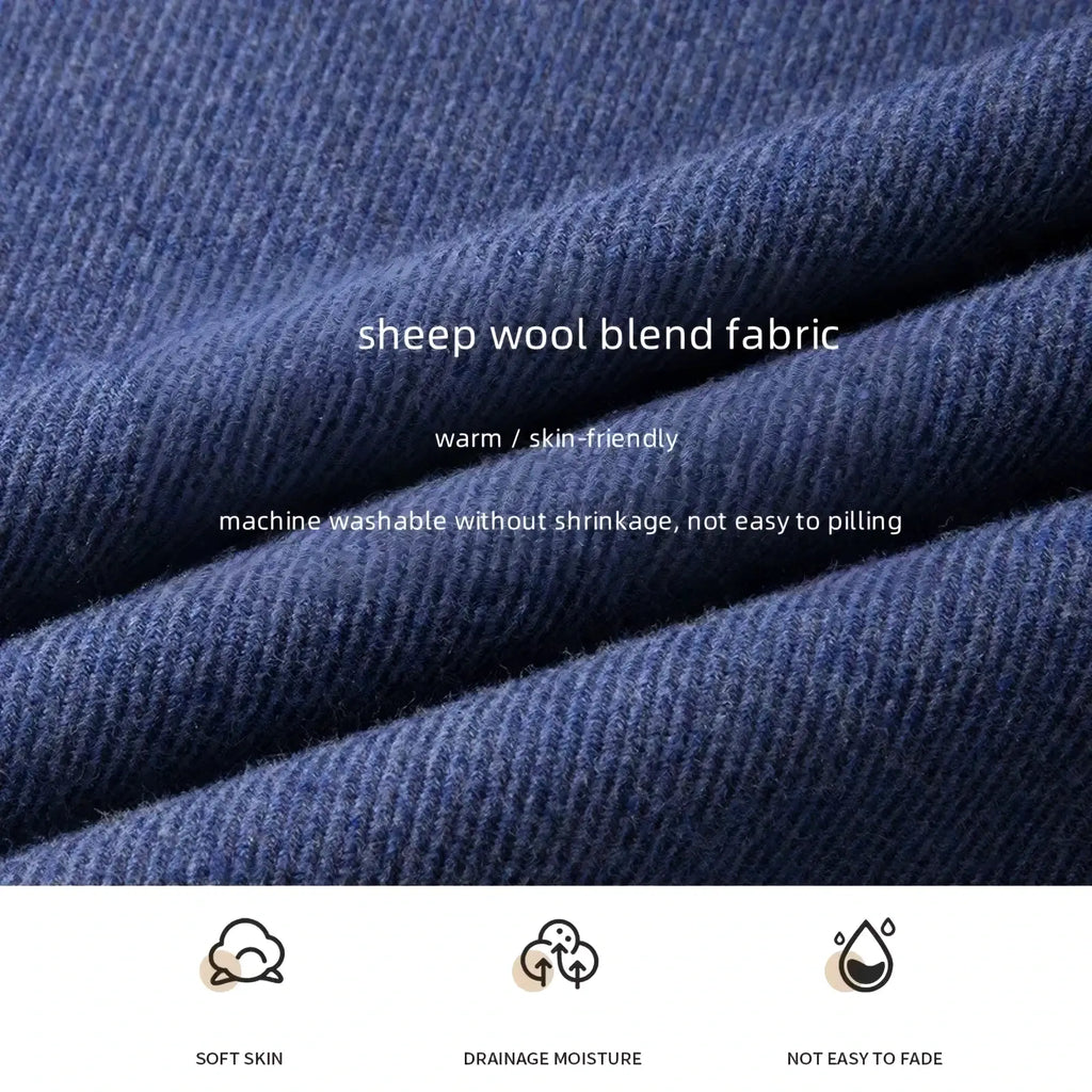 Deep navy blue wool business casual shirt for men featuring a soft textured sheep wool blend fabric weave