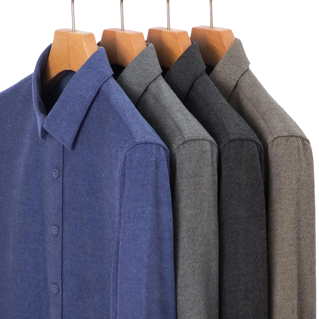 A navy blue textured woolen button-up shirt for men with a classic collar and matching buttons for business casual wear