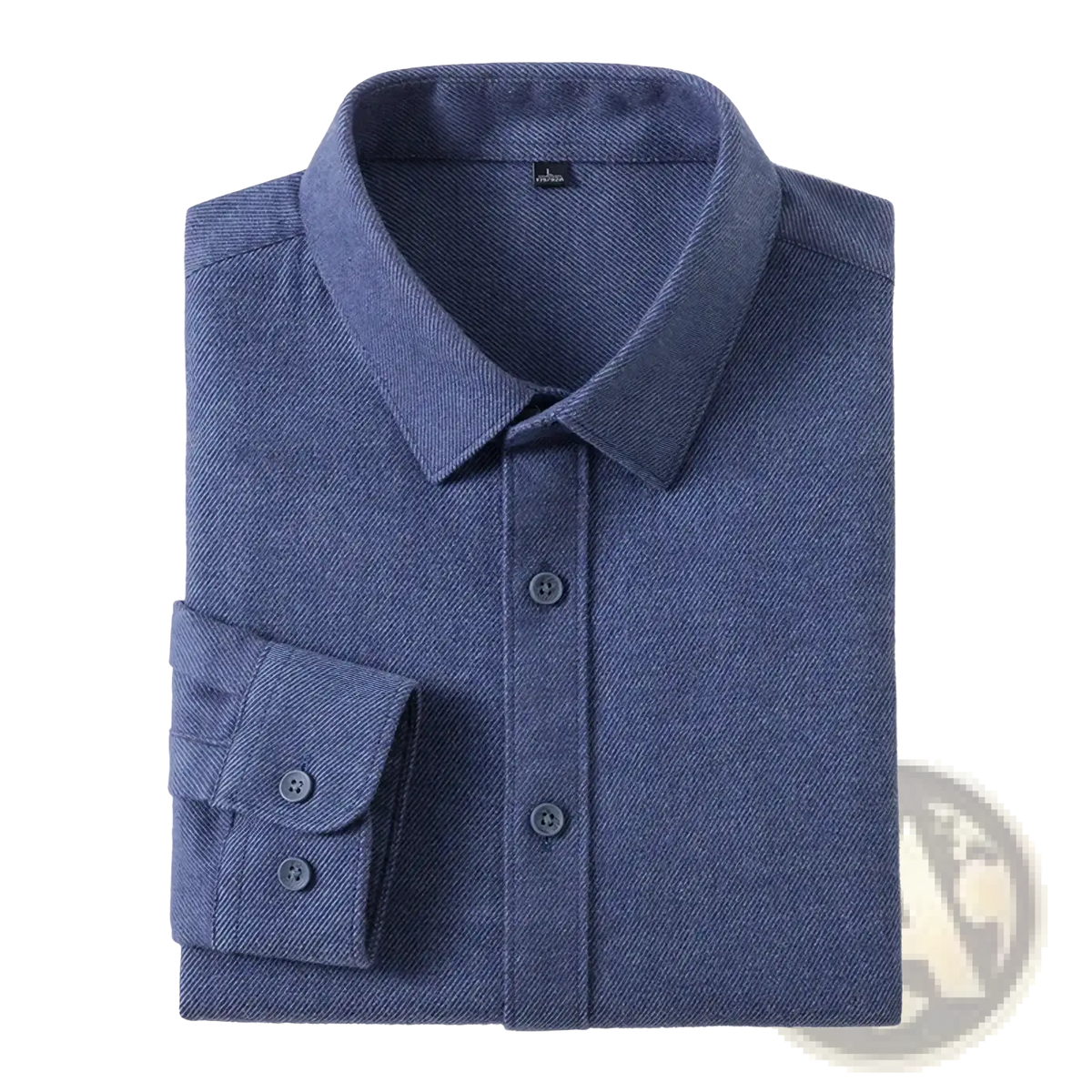 A neatly folded navy blue textured cotton wool business casual shirt for men with a classic collar and matching buttons