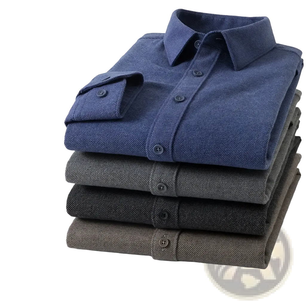 Stack of four folded wool business casual shirts for men in navy blue charcoal gray dark gray and light brown colors