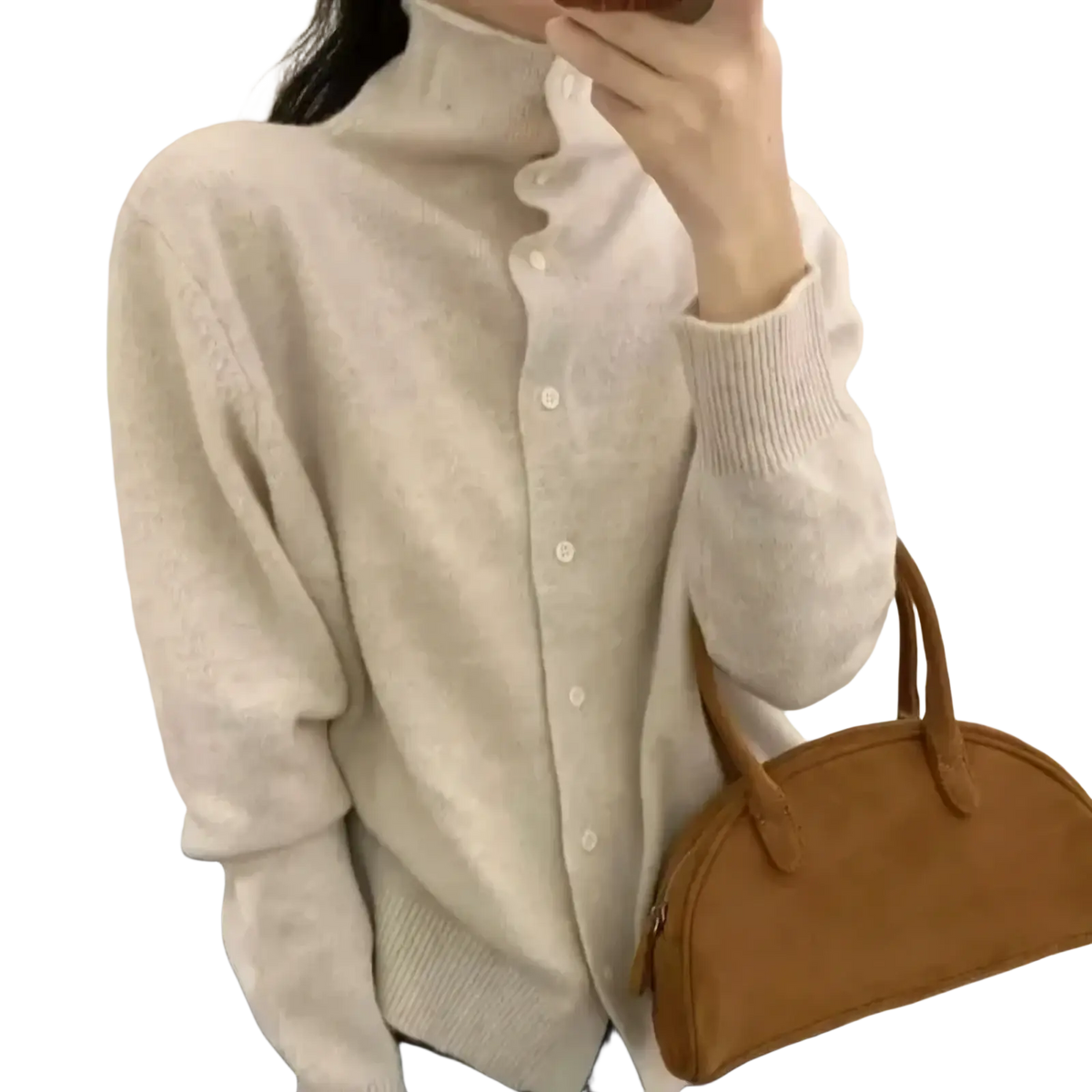 Cream-colored wool button turtleneck sweater featuring soft knit fabric high collar and ribbed cuffs