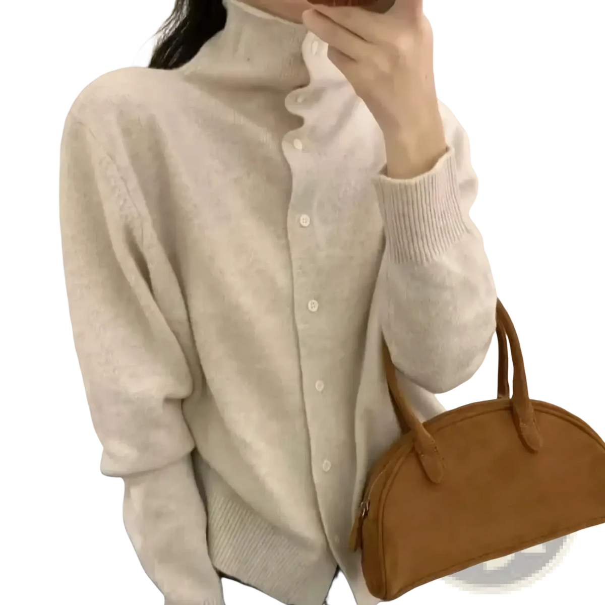 Cream-colored wool button turtleneck sweater featuring soft knit fabric high collar and ribbed cuffs