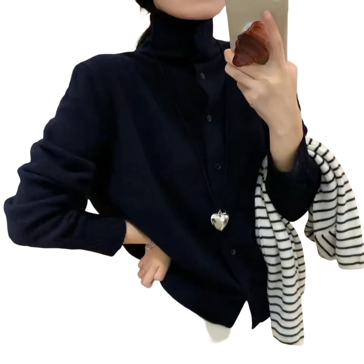 Navy blue wool button turtleneck sweater with high neck knit design and soft textured fabric for warmth
