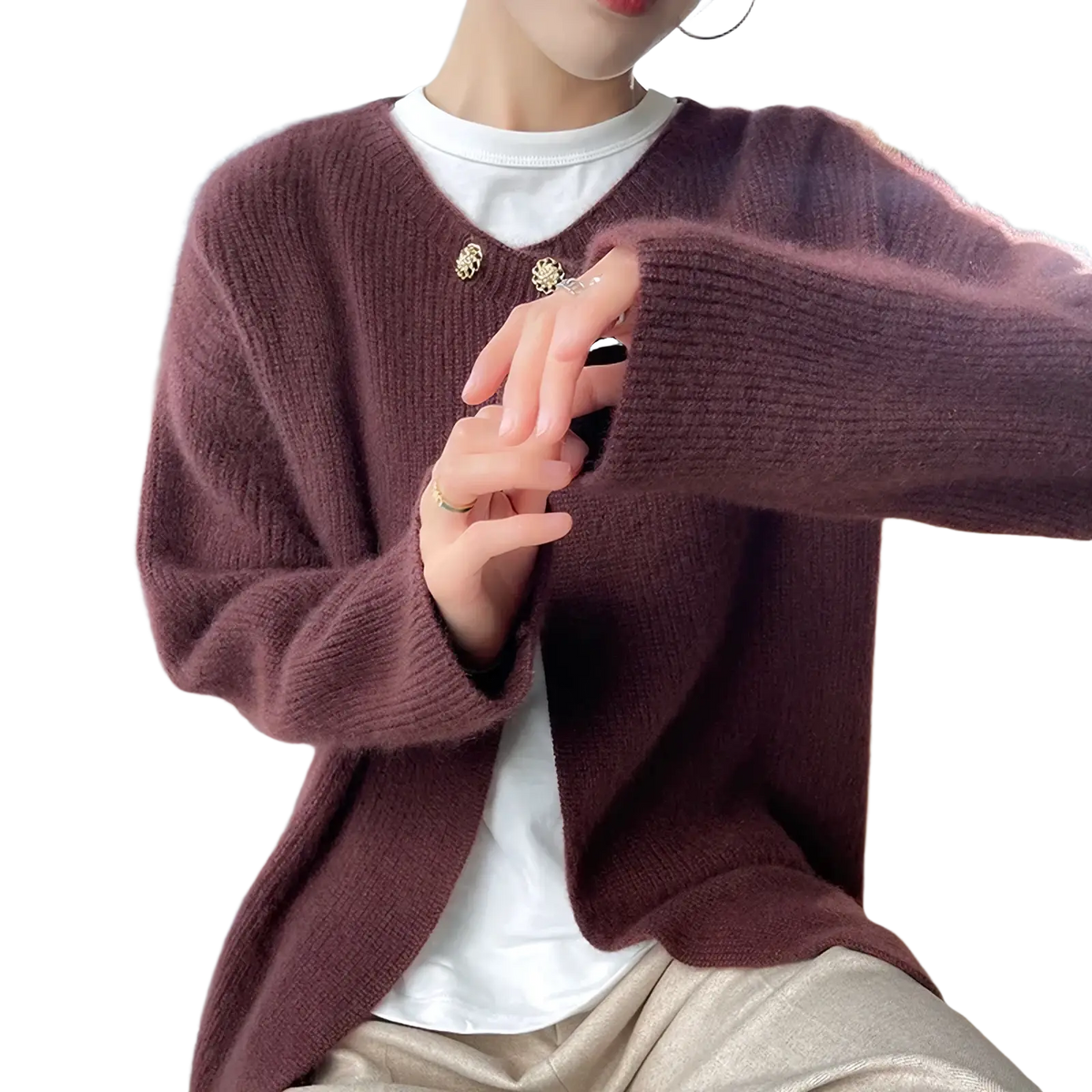 A cozy maroon wool cardigan for women with a soft fuzzy texture and gold-toned button details perfect for winter