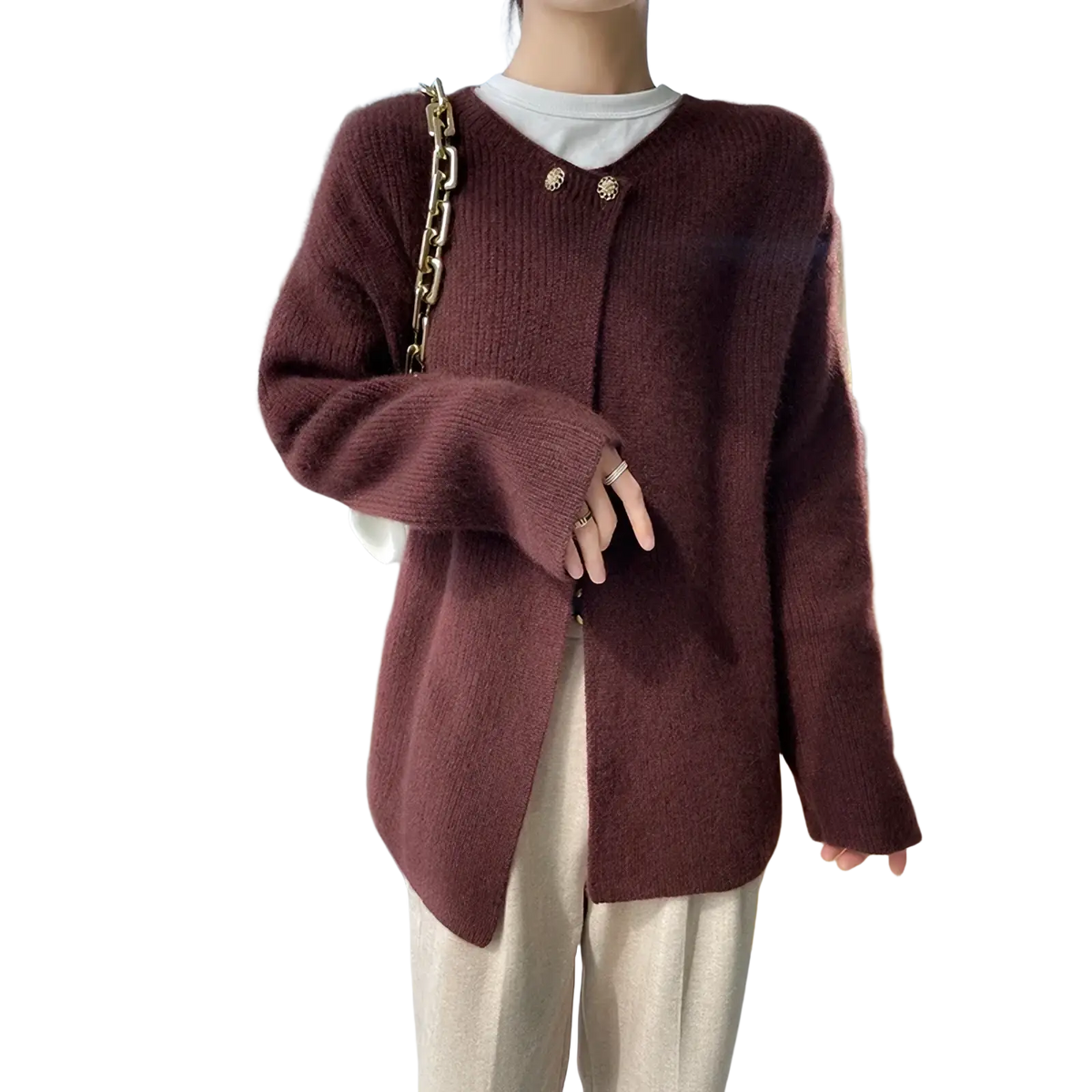 A cozy maroon wool cardigan for women with a soft fuzzy texture and decorative gold-toned buttons for winter wear