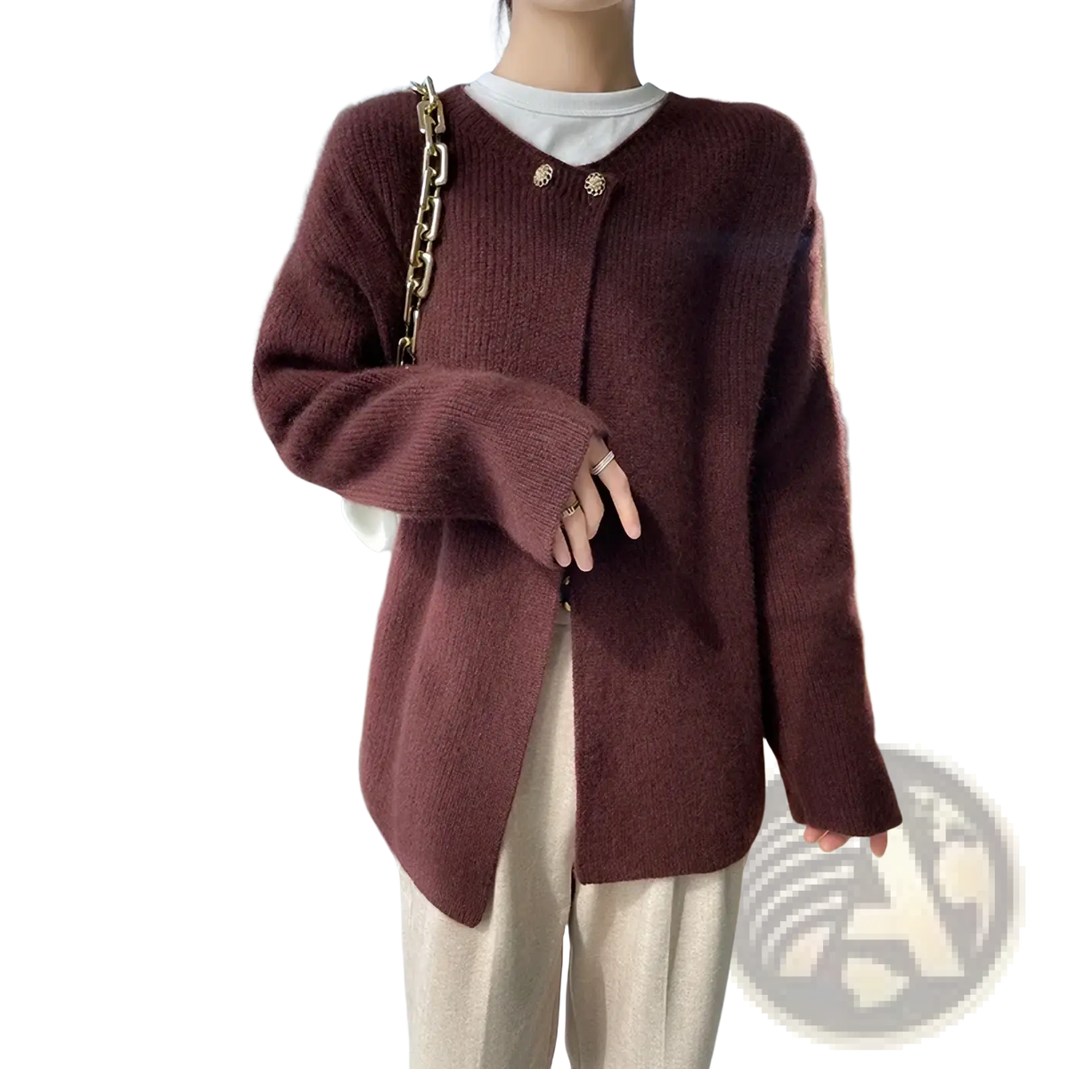 A cozy maroon wool cardigan for women with a soft fuzzy texture and decorative gold-toned buttons for winter wear