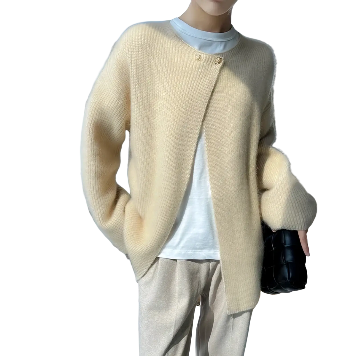 Cream-colored fluffy wool cardigan with ribbed texture and decorative gold buttons for women winter sweater