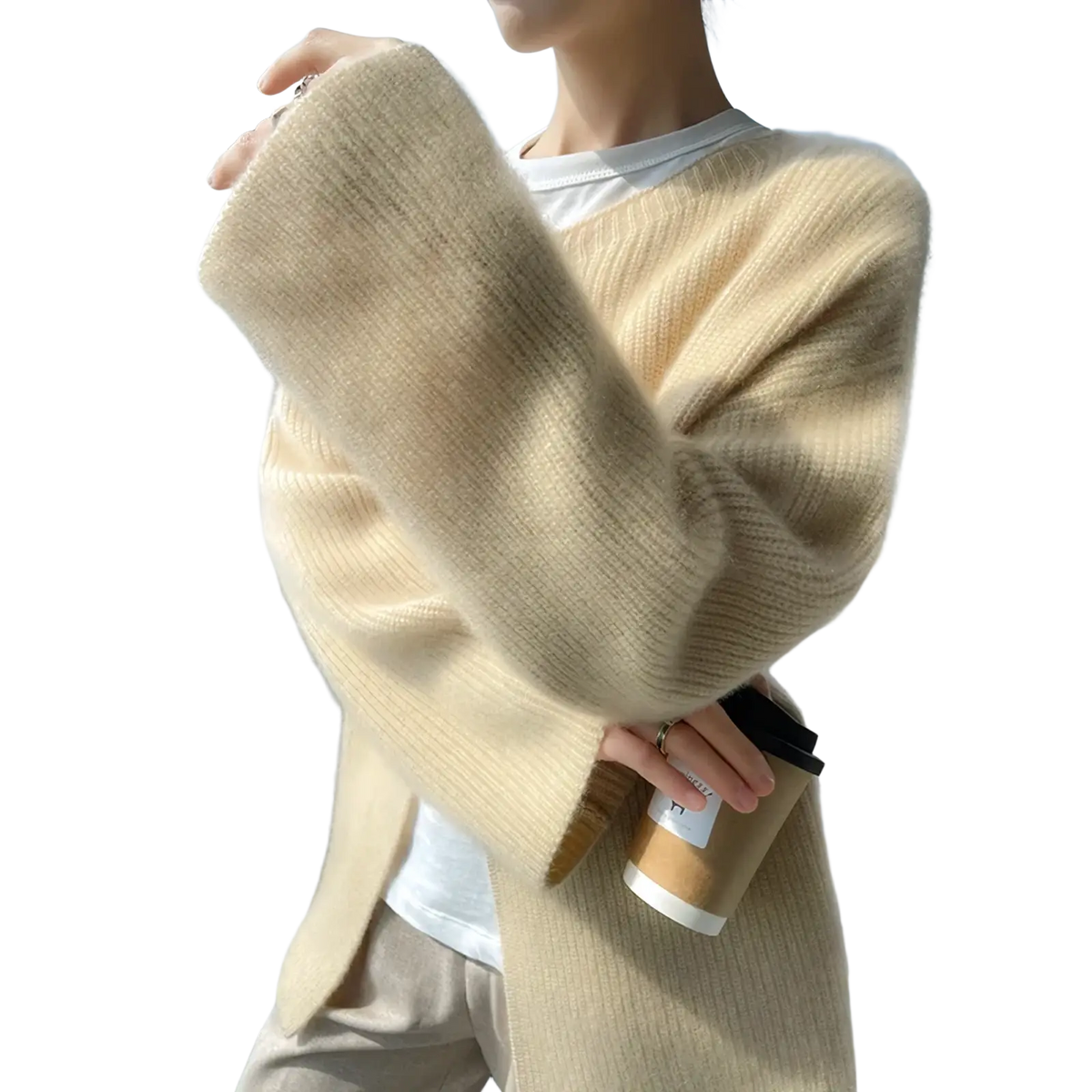 Cream-colored wool cardigan women winter sweater with ribbed knit and soft fuzzy texture for cold weather