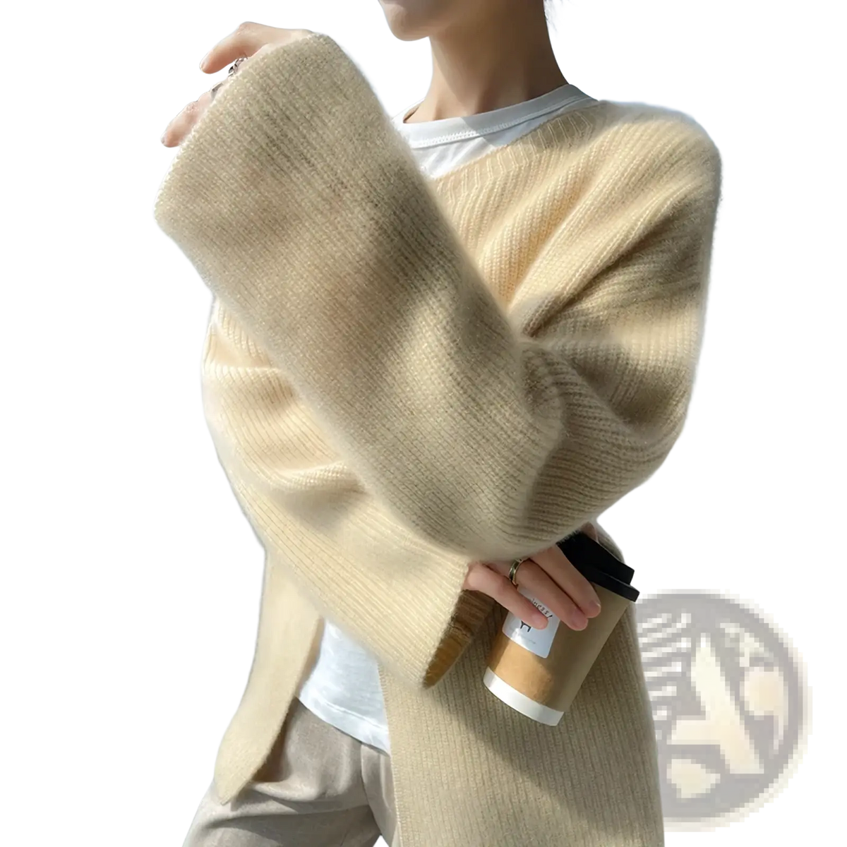 Cream-colored wool cardigan women winter sweater with ribbed knit and soft fuzzy texture for cold weather