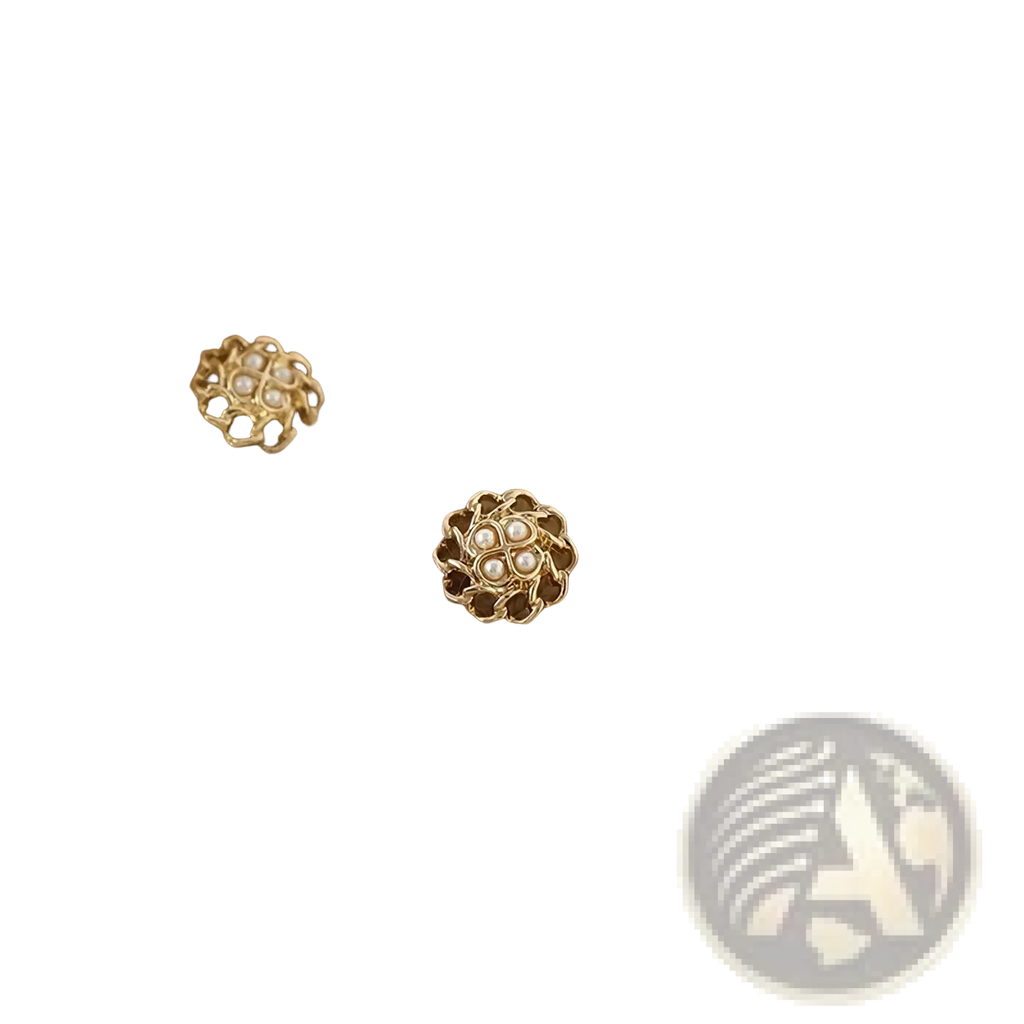 Gold-toned floral button with pearl accents on beige ribbed knit wool cardigan for women winter sweater