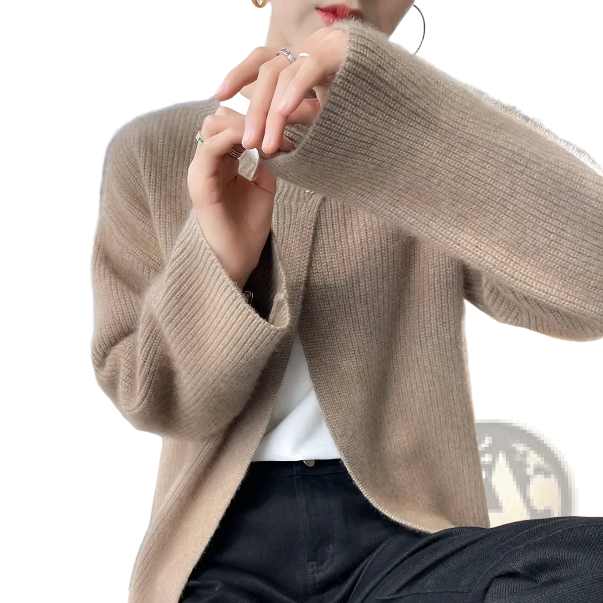A soft beige ribbed knit wool cardigan with cozy texture and long sleeves for women winter sweater
