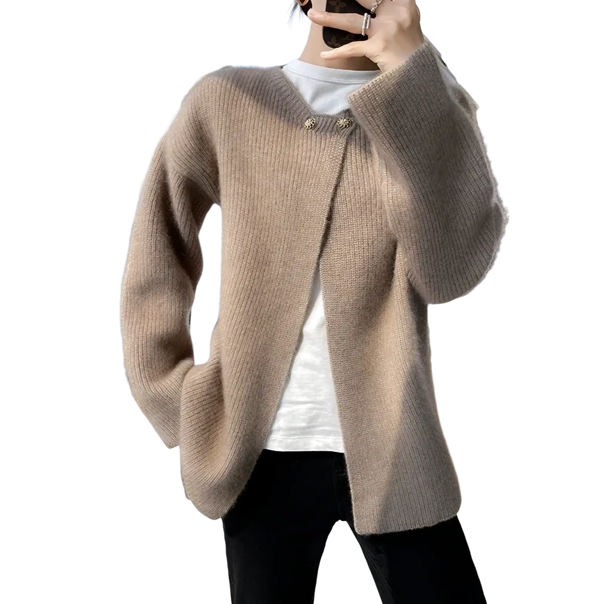 A soft beige wool cardigan for women with ribbed texture and decorative button closures for winter use